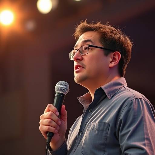 Eine Person, die ein Mikrofon hält und eine Rede hält.