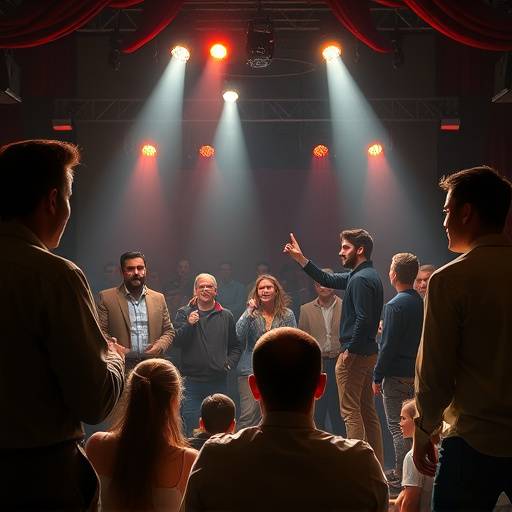 Szene einer Improvisationstheater-Aufführung mit mehreren Schauspielern